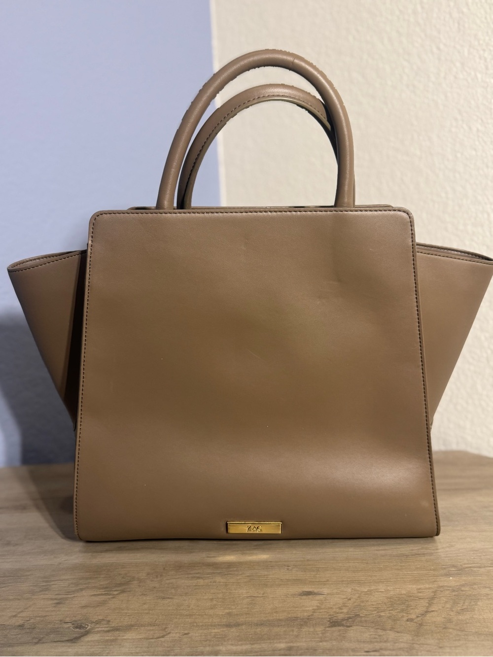 ZAC Zac Posen Taupe Structured Satchel Tote Winged Handbag